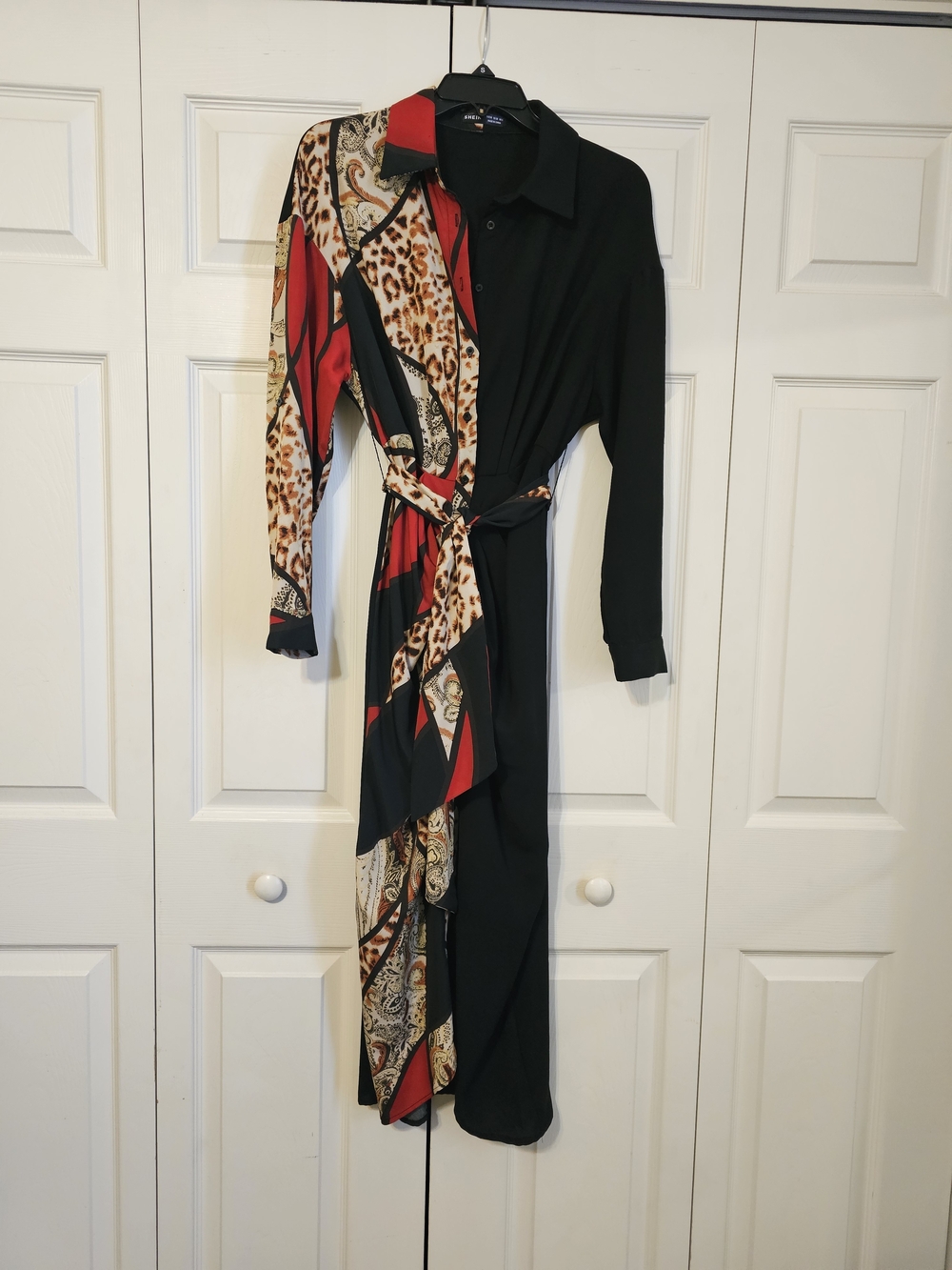 SHEIN Black Long Sleeve Mixed-Print Shirt Dress with Red Accents